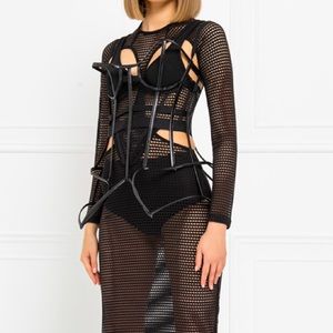 Faux leather asymmetric cage bustier
